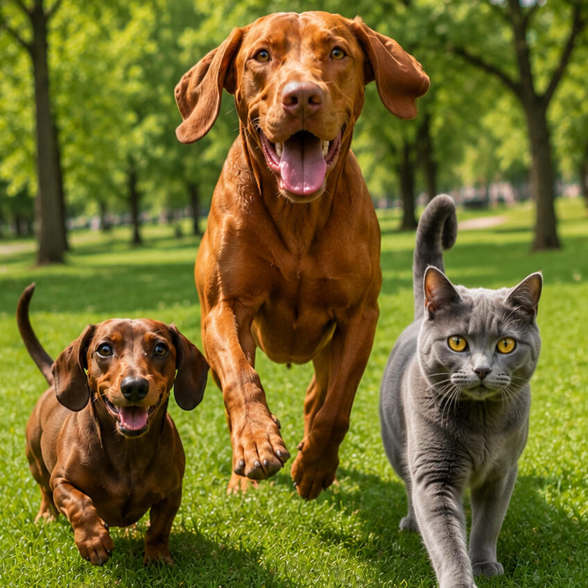 Boldog tacskó, magyar vizsla és szürke macska fut a zöld fűben a parkban. Generali Petcare Mancsőr kisállat biztosítás kutyáknak és macskáknak az állatorvosi költségekre.