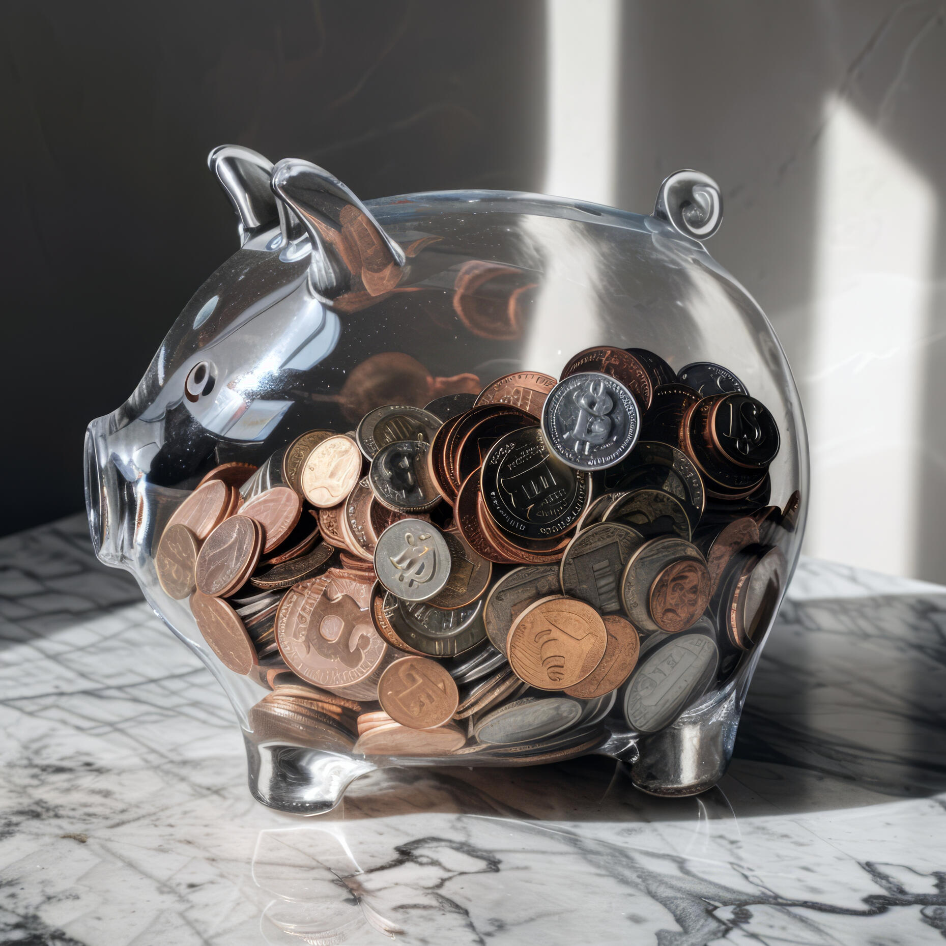 Átlátszó üveg malacpersely tele fémpénzekkel a márványasztalon. Generali MyLife Extra Plusz befektetési program, rendszeres megtakarítás és nyugdíjbiztosítás állami támogatással.
